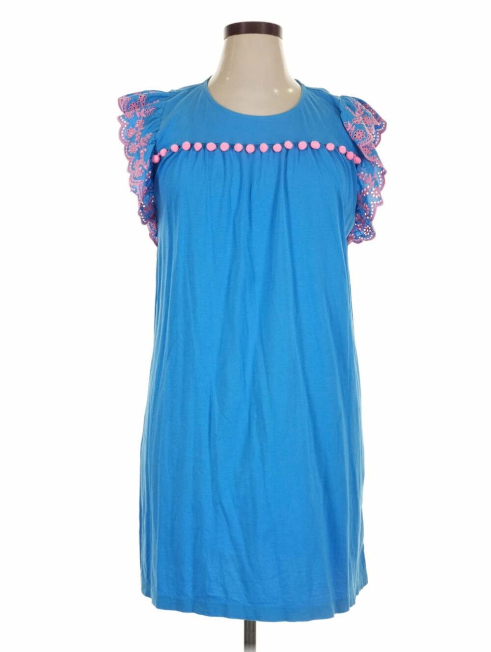 Lilly Pulitzer Size XL Blue Casual Dress with Pink Pom Trim